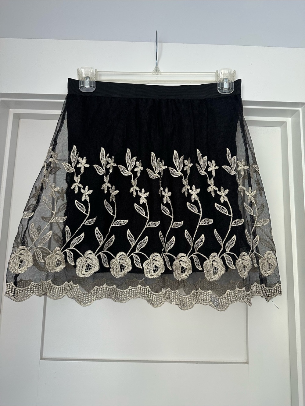Pinky Black Mini Skirt with Ivory Floral Lace Overlay